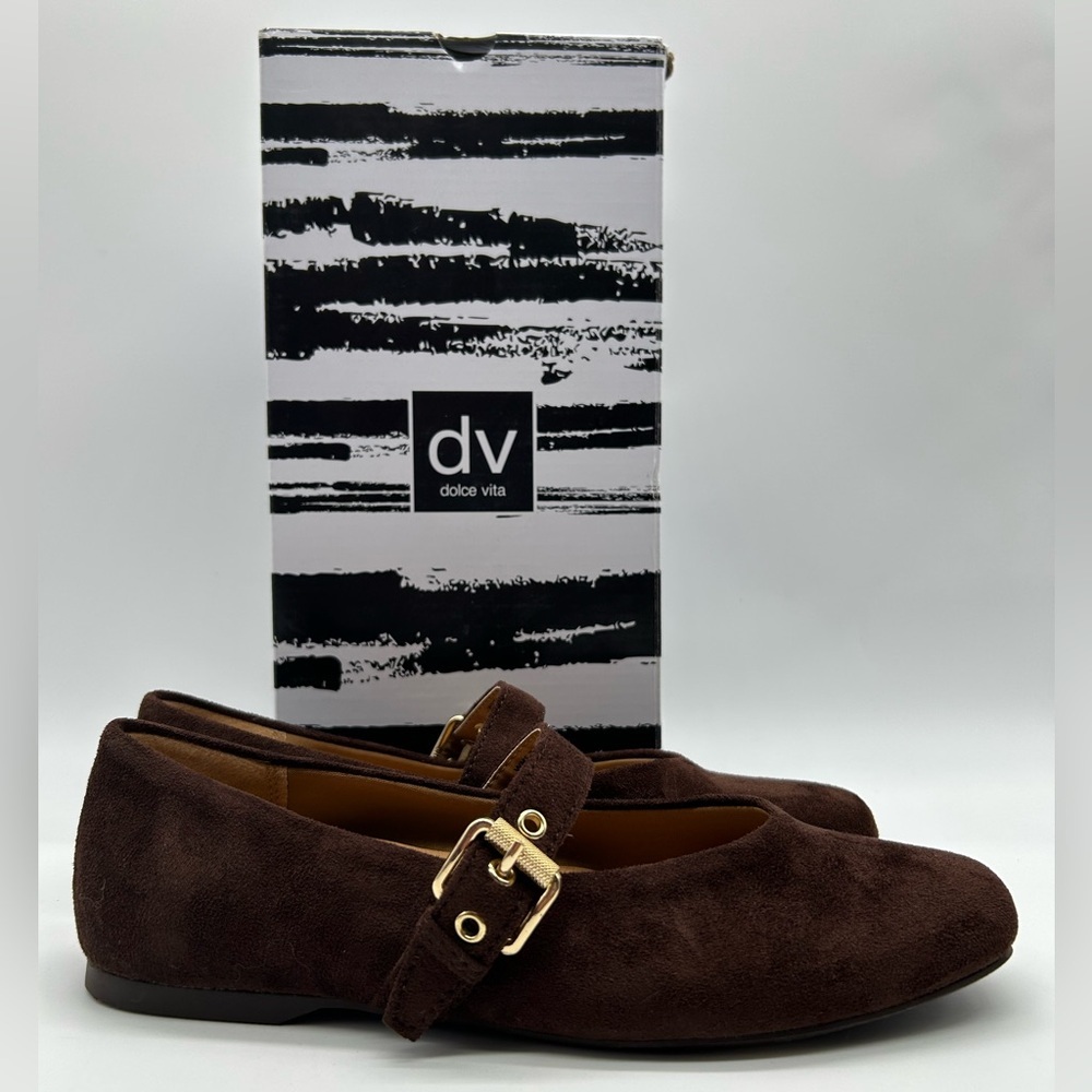 DV by Dolce Vita Mauryce Brown Faux Suede Mary Jane Flats Gold Buckle 6.5 NWB - Picture 11 of 11